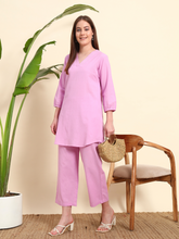 Thread Plus Lavender Color Cotton Flax Fabric Regular Fit V-Neck Co-Ord Set for Women